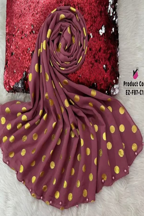 Exclusive Gold Foil Chiffon Hijab with Two Side Pearls
