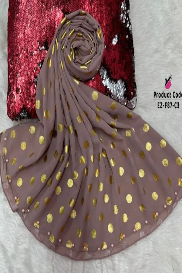 Exclusive Gold Foil Chiffon Hijab with Two Side Pearls