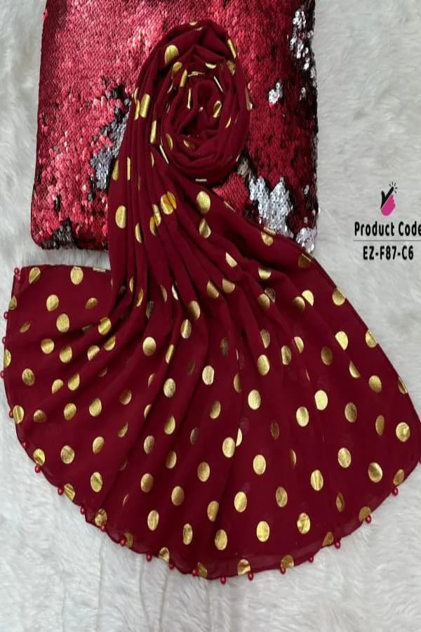 Exclusive Gold Foil Chiffon Hijab with Two Side Pearls