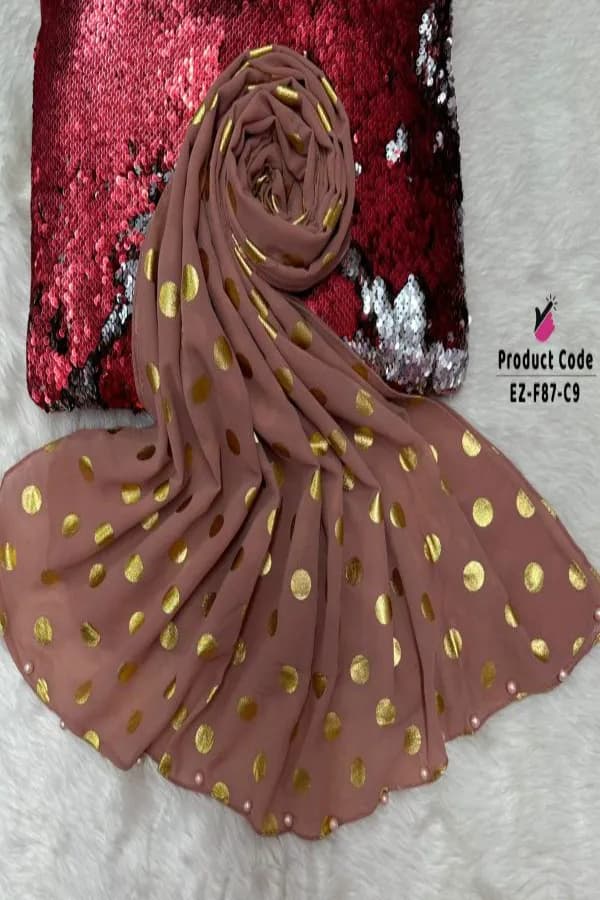 Exclusive Gold Foil Chiffon Hijab with Two Side Pearls